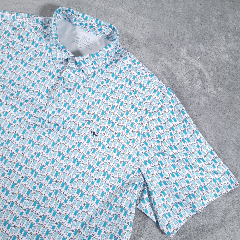 Vineyard Vines Shirt Mens XL Blue Performance Cocktail Print Polo Short Sleeve